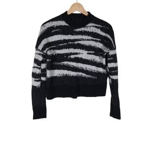 Allsaints Womens Sweater Small White Black Ture Zebra Jacquard Cropped Wool